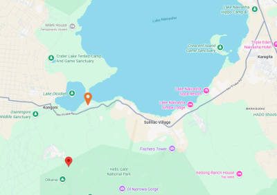Map view of Lake Naivasha region with two location pins near the lake and Hell's Gate National Park area.