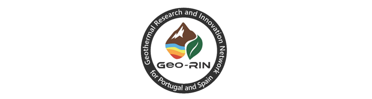 Geo-RIN-2027-narrow-banner | JeotermalHaberler - Jeotermal Haber Geo-RIN logo: Circular emblem for Geothermal Research and Innovation Network for Portugal and Spain, featuring a mountain, a rainbow arc and a green leaf inside a dark border.