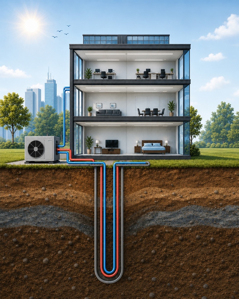 Jeotermal Soğutma info | JeotermalHaberler - Jeotermal Haber Cross-section of a modern house showing an underground geothermal heating and cooling system with red and blue pipes extending into the ground.