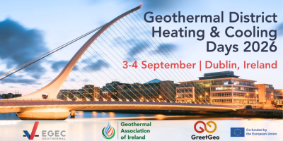 Banner for Geothermal District Heating & Cooling Days 2026: 3–4 September, Dublin, Ireland, with partner logos along the bottom edge.