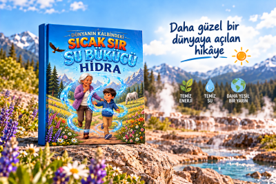 02_Hydra_TR | JeotermalHaberler - Jeotermal Haber Turkish children's book cover placed in a rocky lakeside setting, showing a grandma and a boy with magical blue water spirals around them and a colorful title.