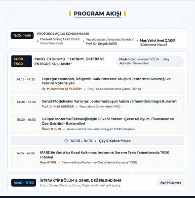 Muş Alparslan Üniversitesi Paneli | JeotermalHaberler - Jeotermal Haber Turkish event schedule titled 'Program Akışı' showing sessions: 13:30–14:00 Protocol opening talks; 14:00–17:00 Panel on investment, production and integrated use with moderator listed; individual talks and speakers; 16:40–17:30 Interactive section with 'Açık Müzakere' (open discussion) button.