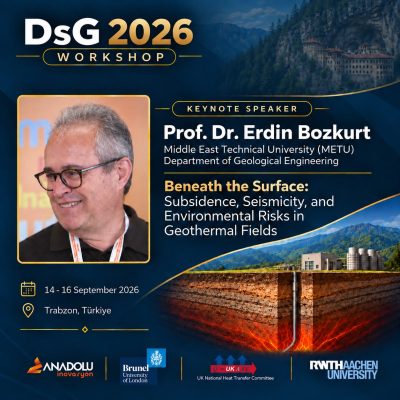 1 | JeotermalHaberler - Jeotermal Haber Poster for DsG 2026 Workshop featuring Prof. Dr. Erdin Bozkurt and talk on subsidence, seismicity, and environmental risks in geothermal fields; event in Trabzon, Türkiye (Sept 14–16, 2026).