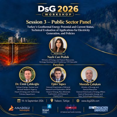 3 | JeotermalHaberler - Jeotermal Haber Poster for DsG 2026 Workshop, Session 3 Public Sector Panel with moderator Nazli Can Peduk and three panelists in blue themed design, Trabzon, Türkiye logo area at bottom.