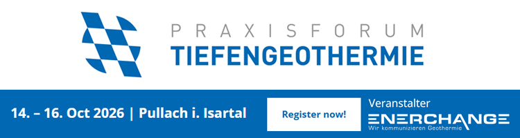 Praxisforum-2026-narrow-banner | JeotermalHaberler - Jeotermal Haber Praxisforum Tiefengeothermie event banner: dates 14–16 Oct 2026 in Pullach i. Isartal, with a 'Register now!' button and Enerchange logo (organizer).